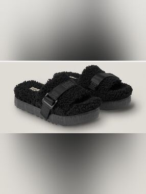 UGG Black Plush Shearling Slide Slippers